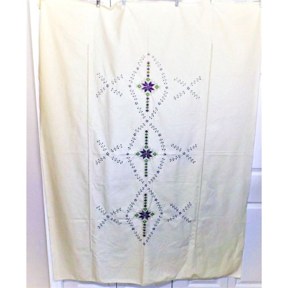 Vintage Embroidered 52 X 68 Beige Linen Tablecloth Purple and Green Design